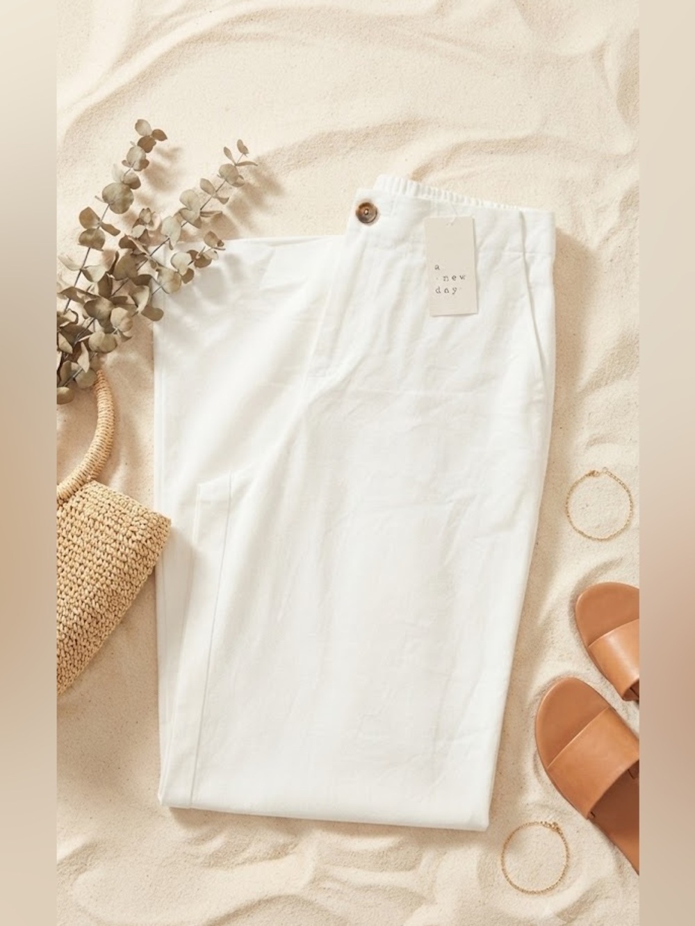 NWT A New Day Off-White Linen Blend Wide Leg Trousers Size 10 High Rise Pull-On - Picture 2 of 4